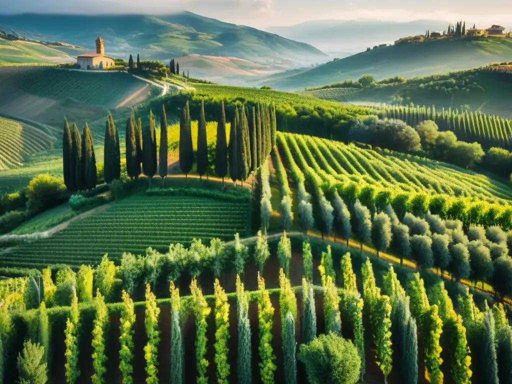 Un paisaje impresionante de viñedos en Toscana, Italia, con tonos verdes y dorados bajo el sol italiano