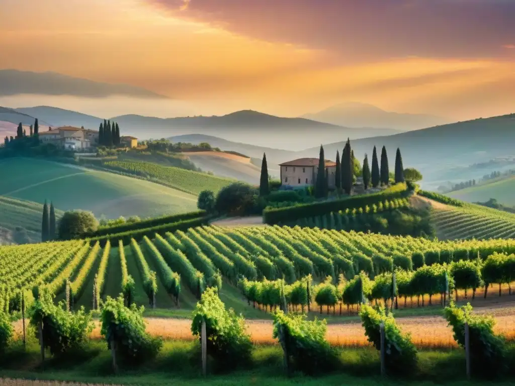 Un paisaje impresionante de viñedos en Toscana al atardecer, con uvas maduras y una bodega histórica