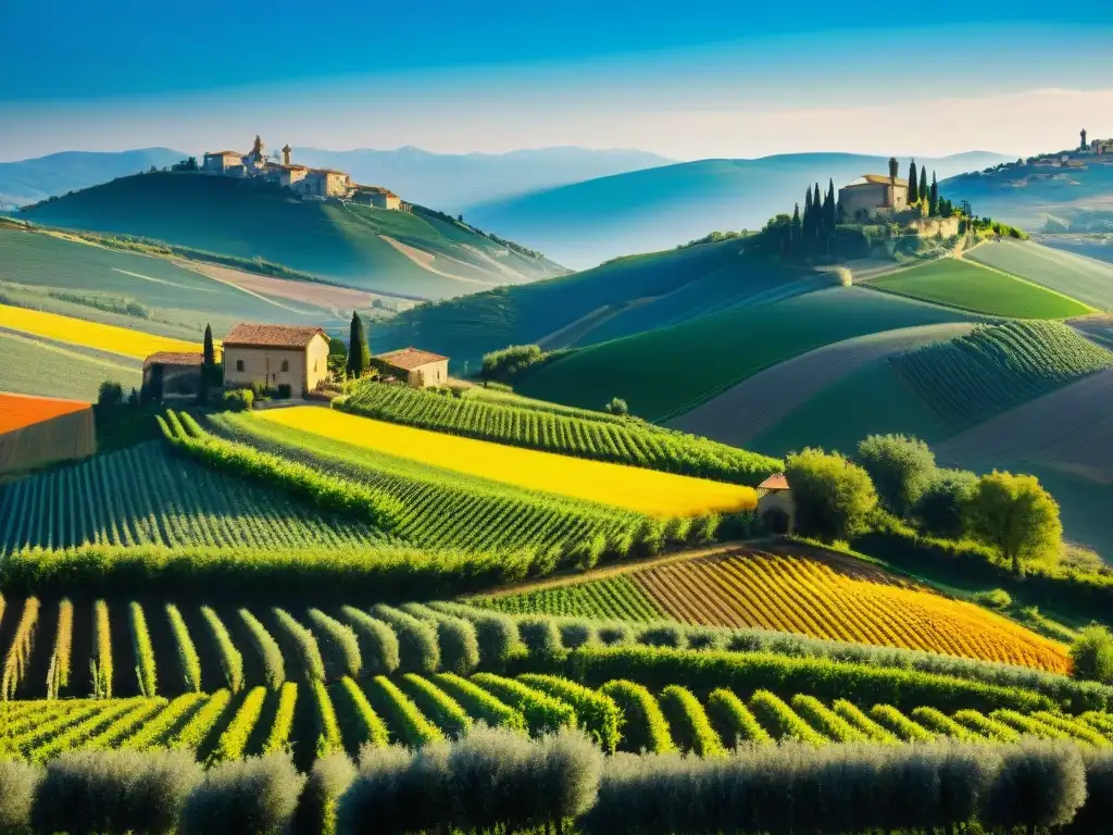 Paisaje italiano con colinas, viñedos, aldeas medievales y granjas tradicionales