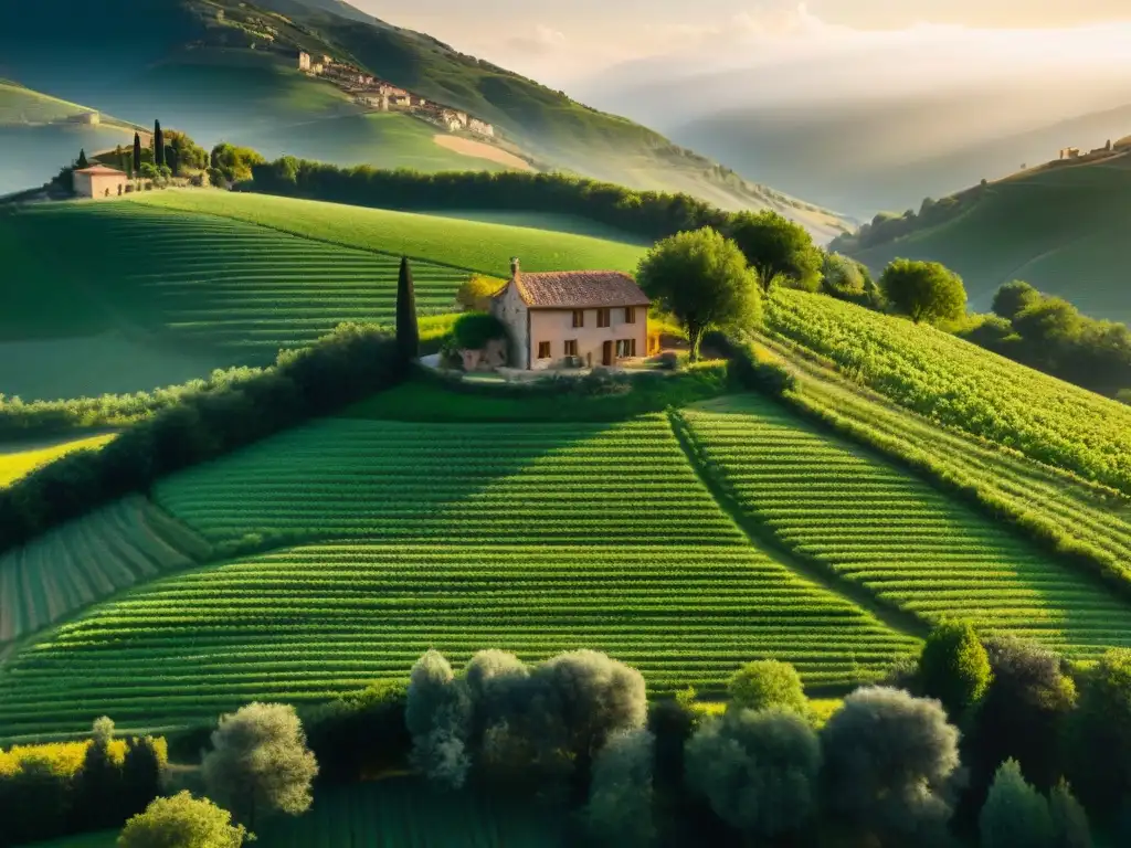 Un paisaje italiano de granja ética con vacas pastando, sol dorado y un pueblo encantador, capturando la esencia de los quesos italianos