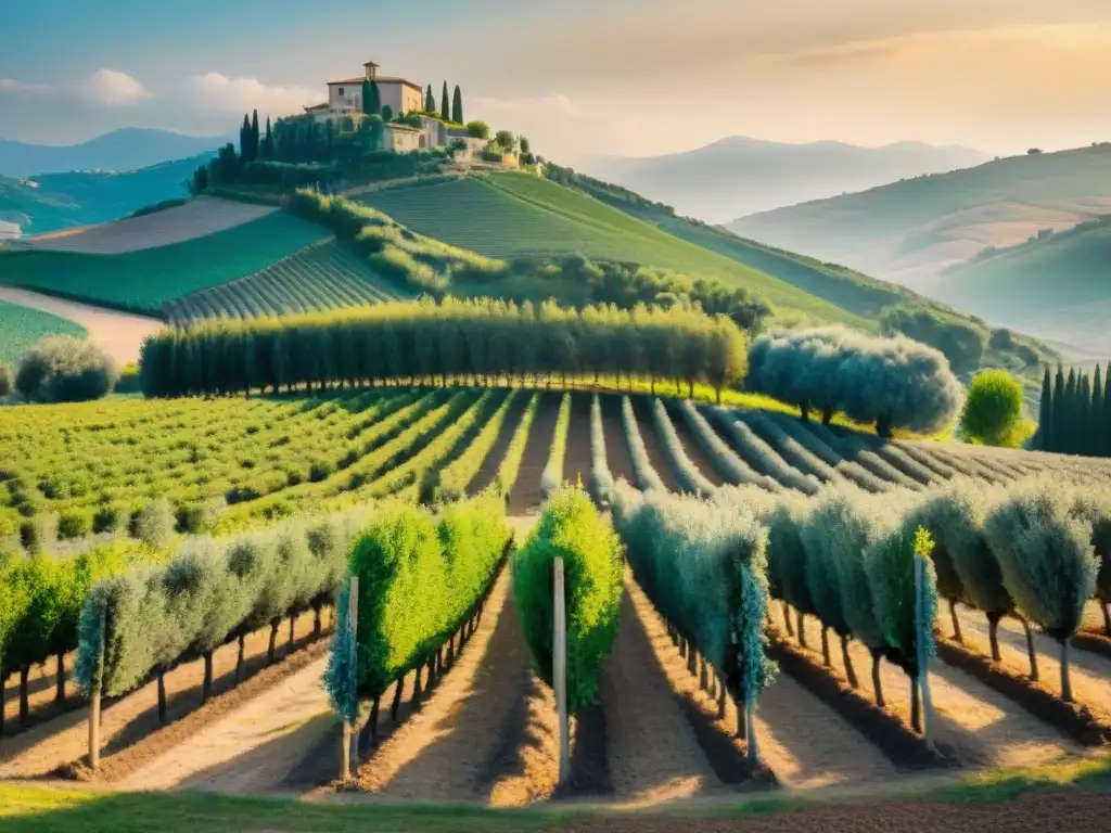 Un paisaje italiano pintoresco de agroturismo con trufas, olivos y viñedos bajo el cálido sol mediterráneo