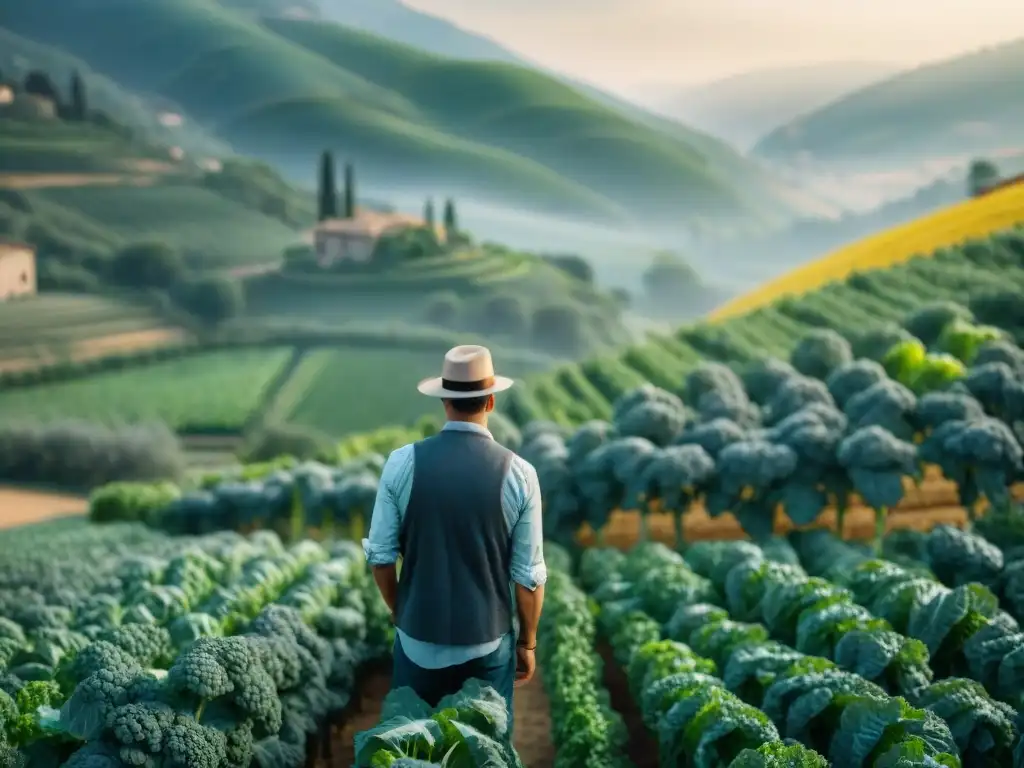 Un paisaje italiano pintoresco con campos de kale verde vibrante bajo el sol mediterráneo, resaltando la tradición y los beneficios del kale en Italia