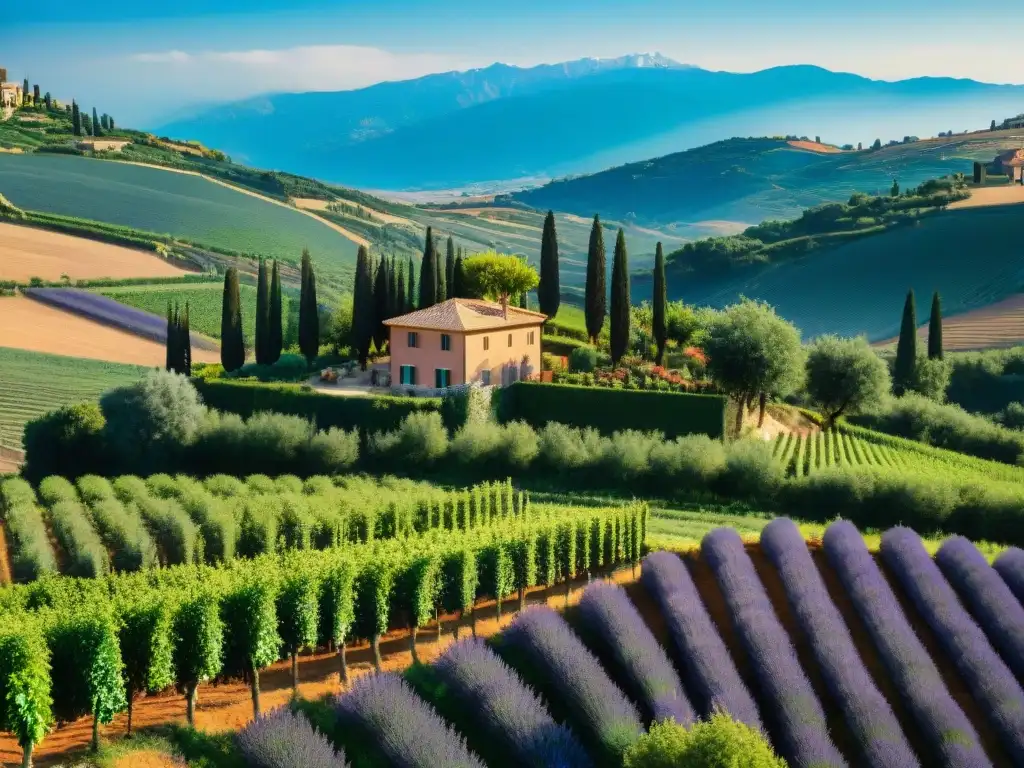 Paisaje italiano pintoresco con colinas, viñedos, olivares, villa tradicional y cosecha de tomates y uvas