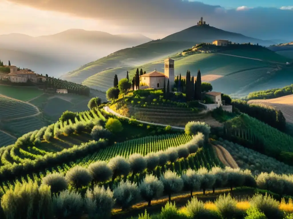 Un paisaje italiano pintoresco con olivares vibrantes y pueblos tradicionales, la esencia de los superalimentos italianos revolucionarán dieta