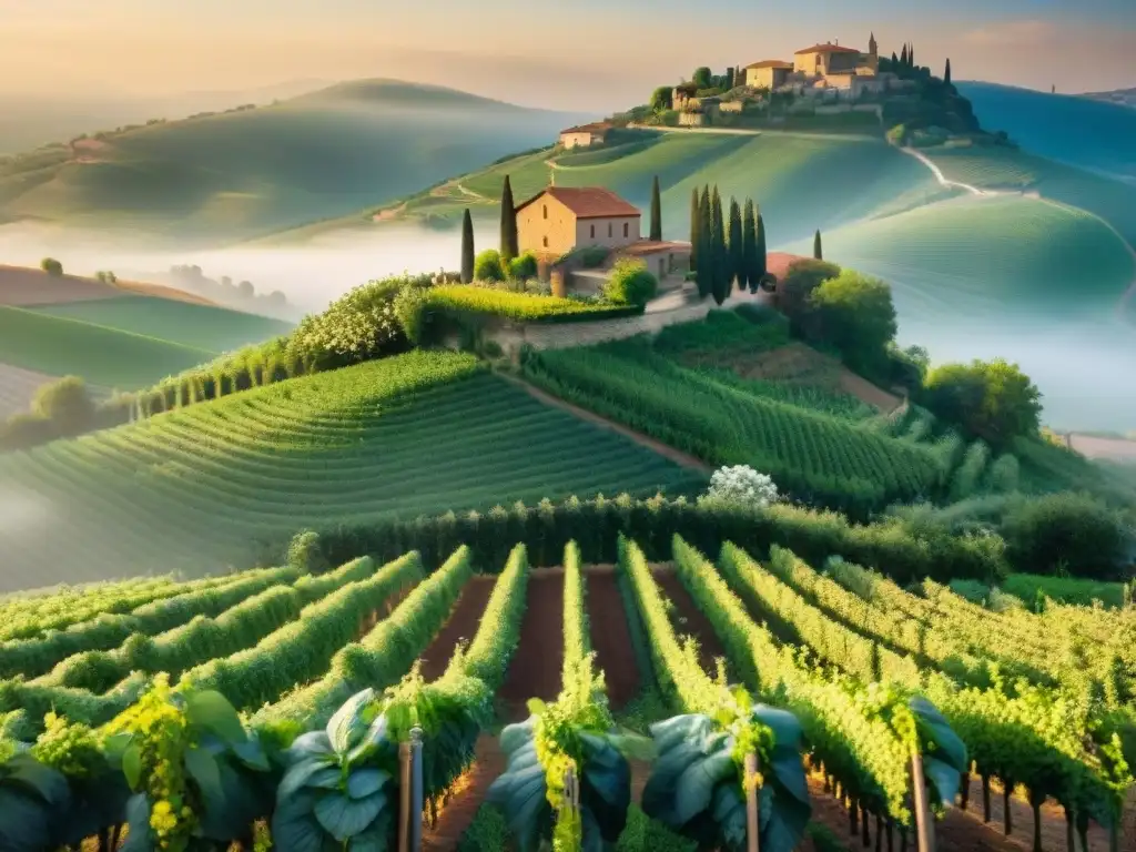 Paisaje italiano soleado con viñedos verdes, granjas de piedra y un granjero anciano cuidando un huerto, evocando tranquilidad