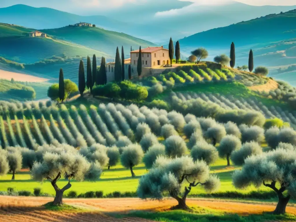 Un paisaje mágico de un antiguo olivar en la Toscana, Italia, con un agricultor recolectando aceitunas