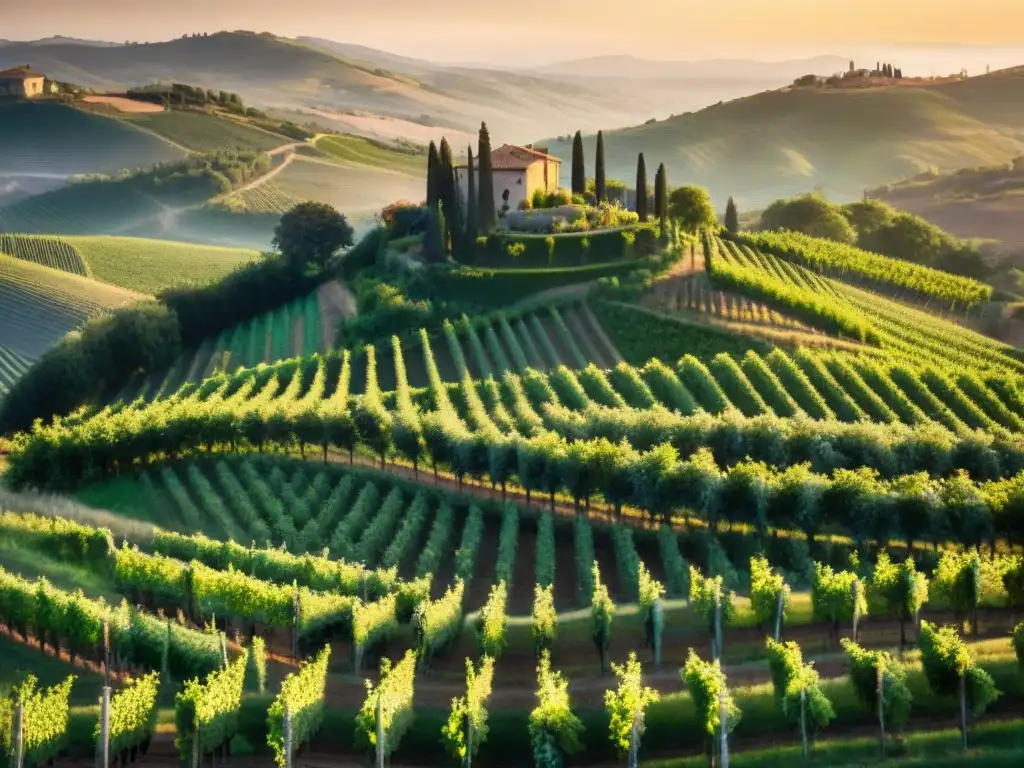 Un paisaje mágico de viñedos en las colinas de la Toscana al atardecer