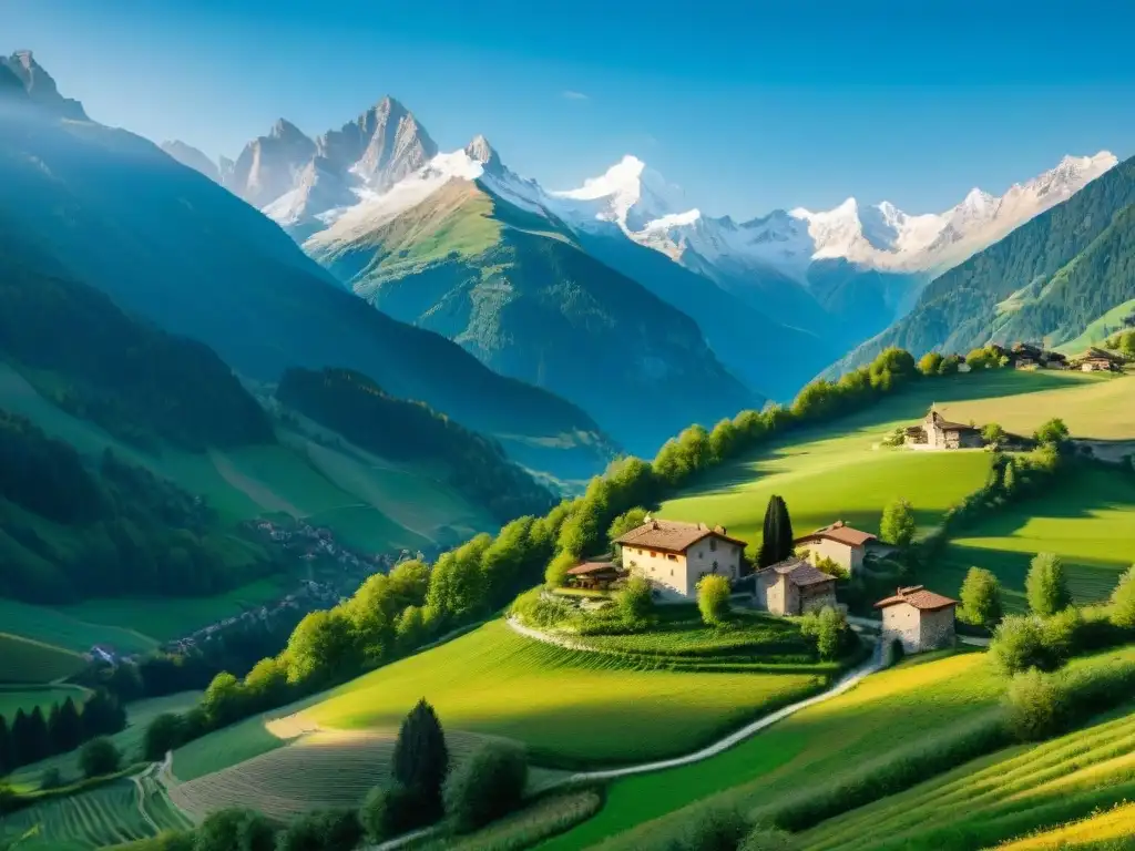 Paisaje montañoso en los Alpes Italianos con pueblo alpino tradicional y cielo azul