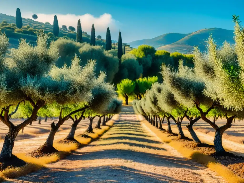 Un paisaje de un olivar bañado por el sol en el campo mediterráneo, exudando tradición y calidad