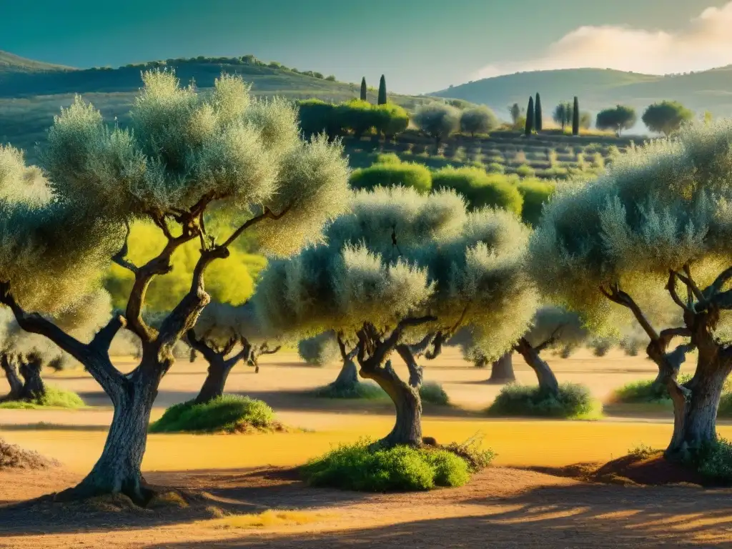 Un paisaje de un olivar en el sur de Italia, con olivos cargados de aceitunas brillantes bajo el sol