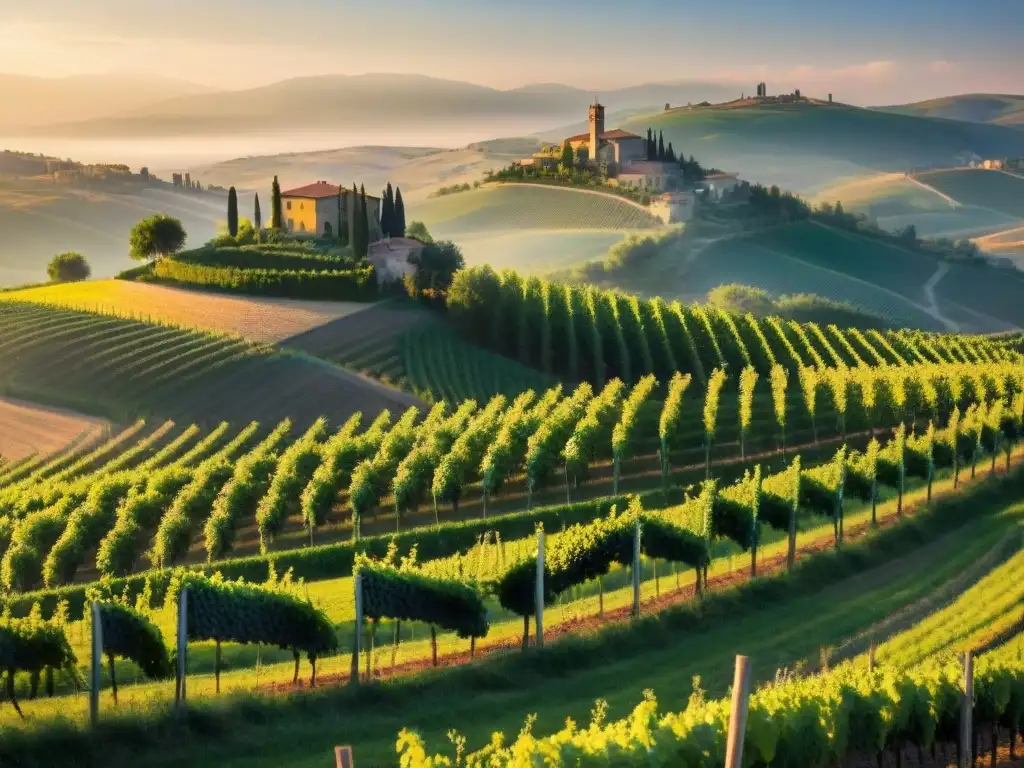 Un paisaje panorámico impresionante de los viñedos ondulantes de la Toscana, Italia, al atardecer