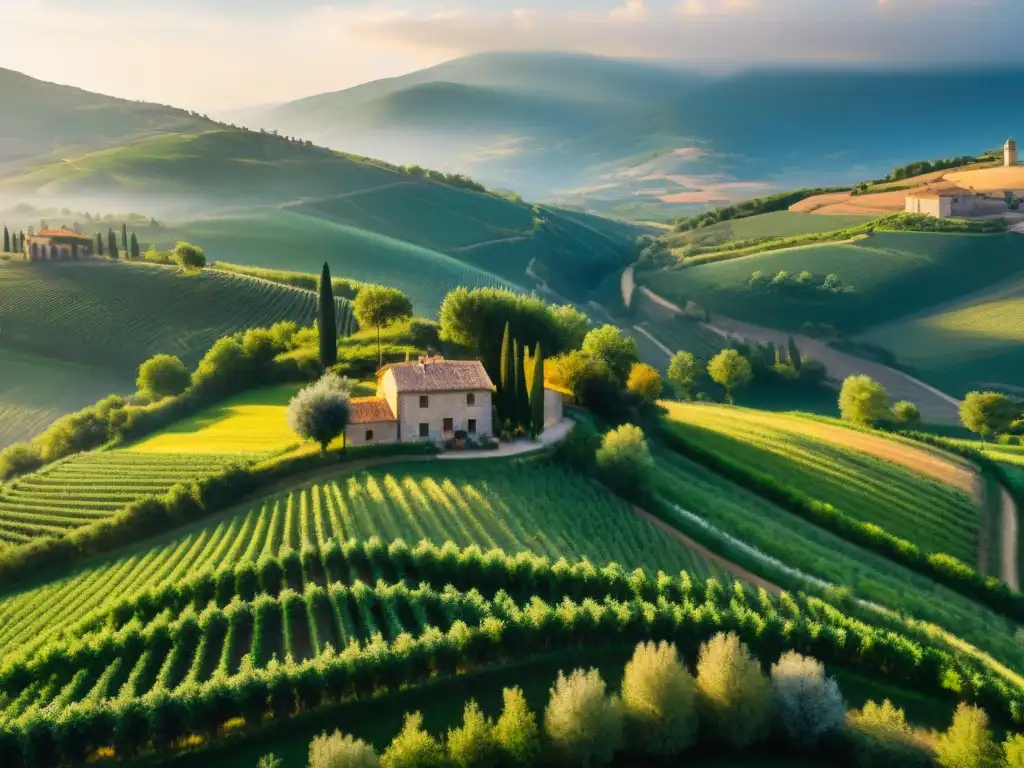 Un paisaje rural italiano con colinas, viñedos y olivares, casas de piedra y un pueblo medieval