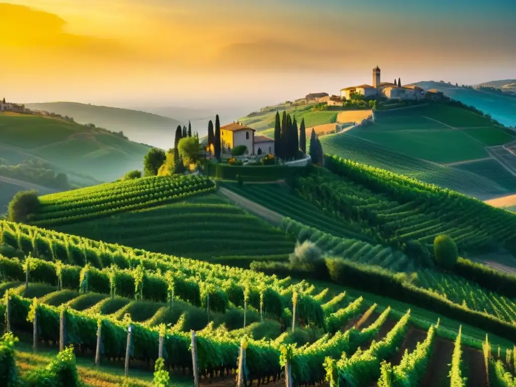 Paisaje rural italiano con viñedos verdes y casas de piedra, bañado por la cálida luz del atardecer