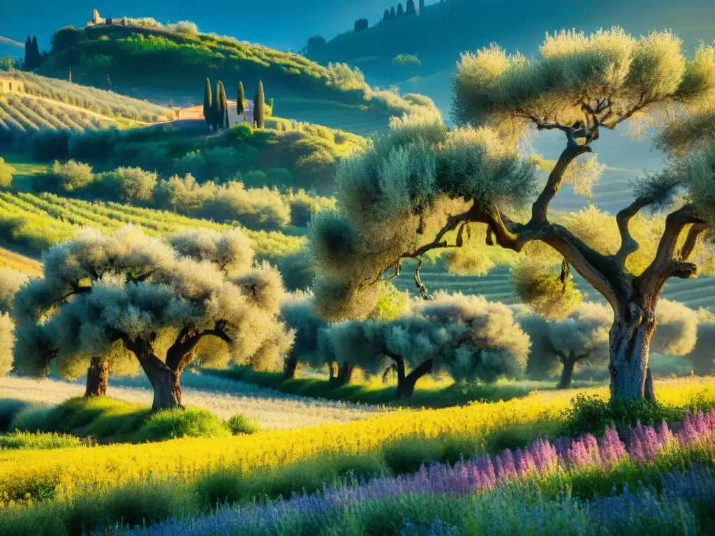 Un paisaje sereno de un olivar italiano con árboles centenarios y una casa rural, reflejando la belleza de los Aceites de Oliva menos conocidos