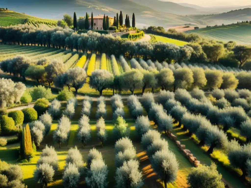 Un paisaje sereno de un olivar en la Toscana, Italia, con antiguos olivos bajo la luz dorada, resalta la tradición DOP en aceites de oliva italianos