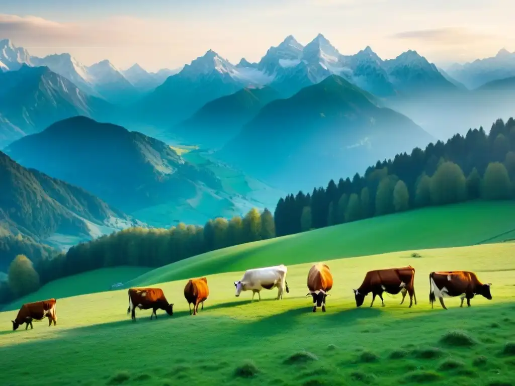 Paisaje sereno de pastos verdes en los Alpes Julianos con vacas pastando, picos nevados al fondo