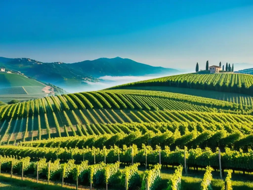 Paisaje sereno de la Ruta del Prosecco en Veneto: colinas verdes, viñedos y una villa italiana al fondo bajo un cielo azul claro