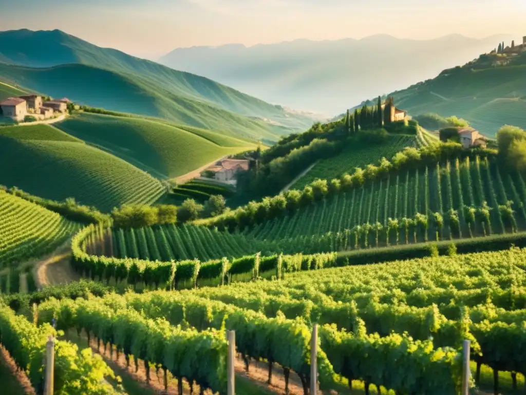 Viñedos exuberantes en la región del Prosecco: tradición y belleza italiana Un paisaje sereno de viñedos en la región del Prosecco en Italia, mostrando las uvas Glera bajo el sol italiano