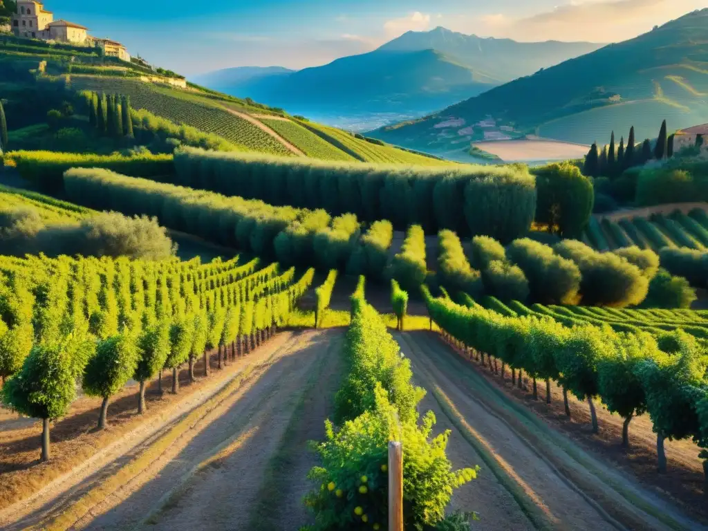 Un paisaje soleado de un limonar italiano al atardecer, con árboles cargados de frutas amarillas