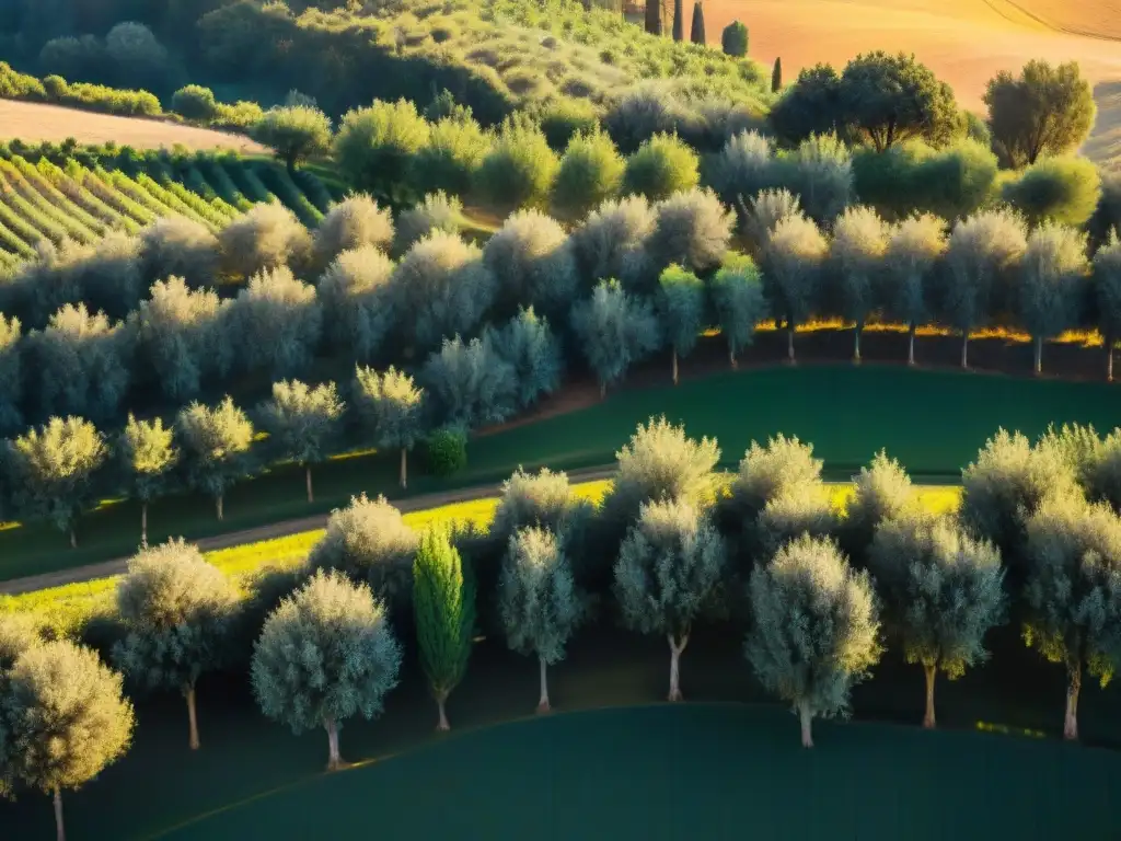 Un paisaje sublime de un olivar en la Toscana, Italia, con árboles retorcidos bañados por el sol poniente