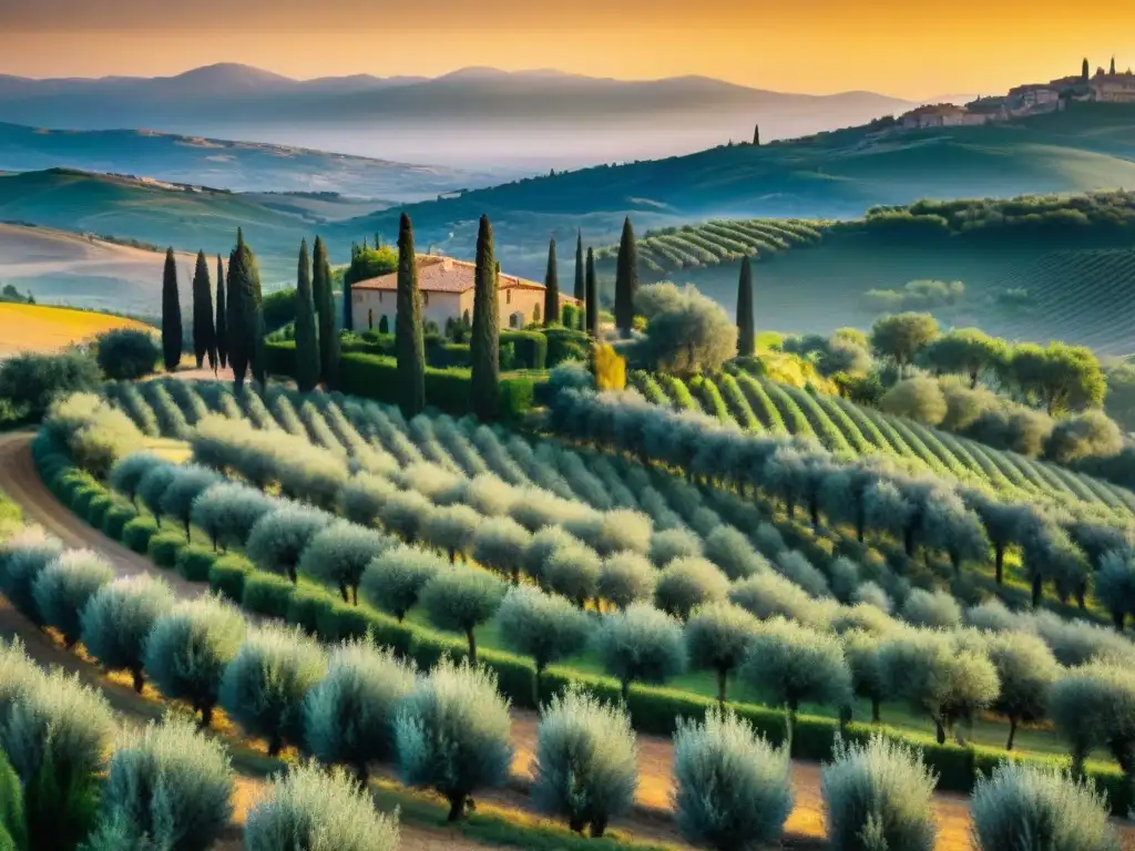 Paisaje de Toscana al atardecer con olivos centenarios y villa italiana