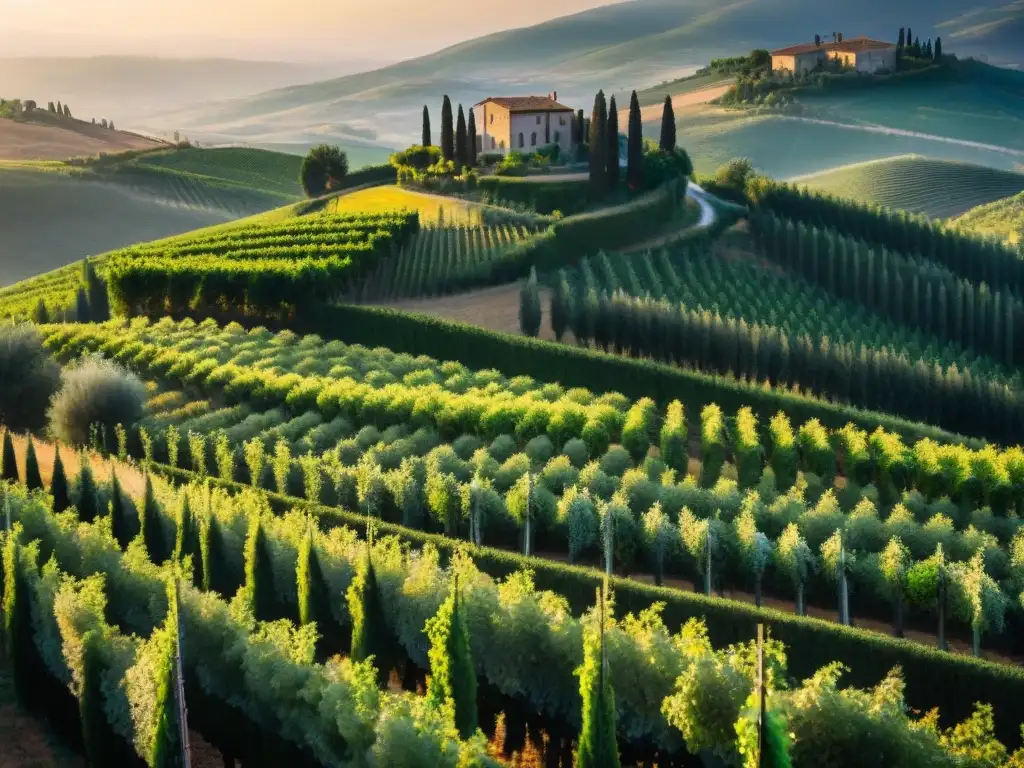 Paisaje toscano al atardecer con viñedos y olivares, villa italiana entre la serenidad