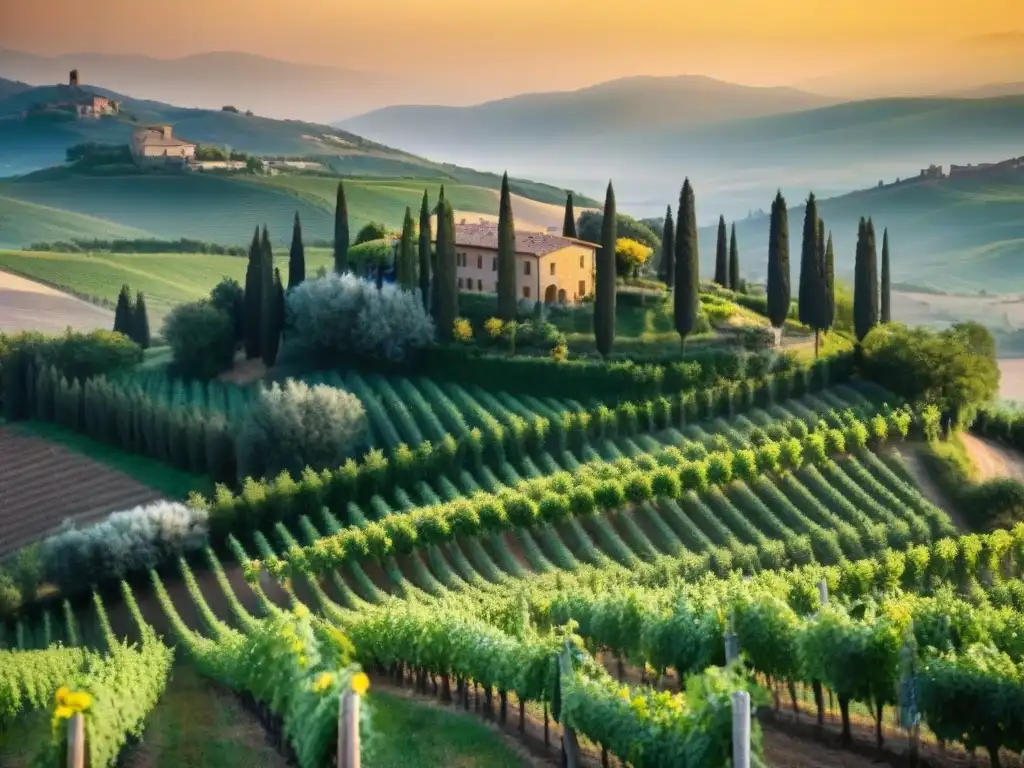 Paisaje toscano al atardecer con viñedos, girasoles, cipreses y casa de campo