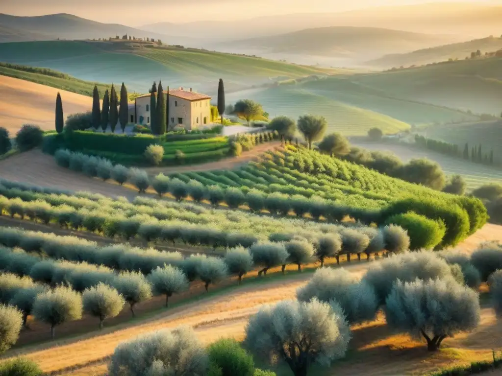 Un paisaje toscano al amanecer, con la luz dorada filtrándose entre los olivos centenarios, creando sombras largas en la tierra