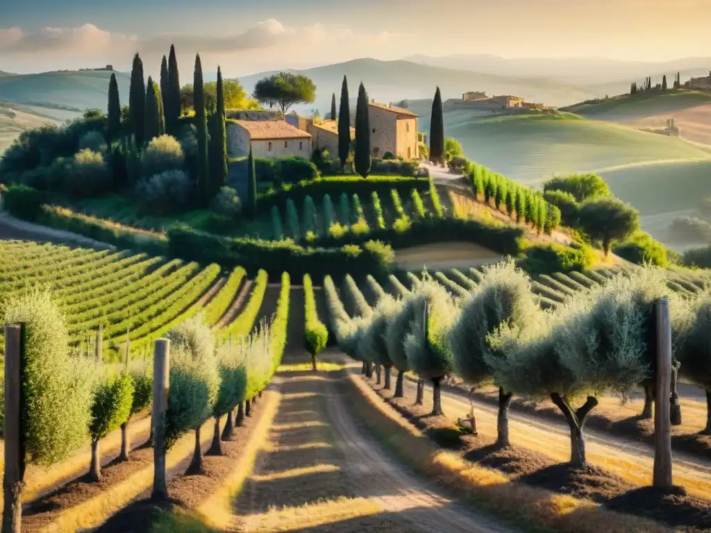 Escena auténtica de recolección de aceitunas en Toscana Un paisaje toscano con olivos bajo el sol dorado y un anciano recolectando aceitunas