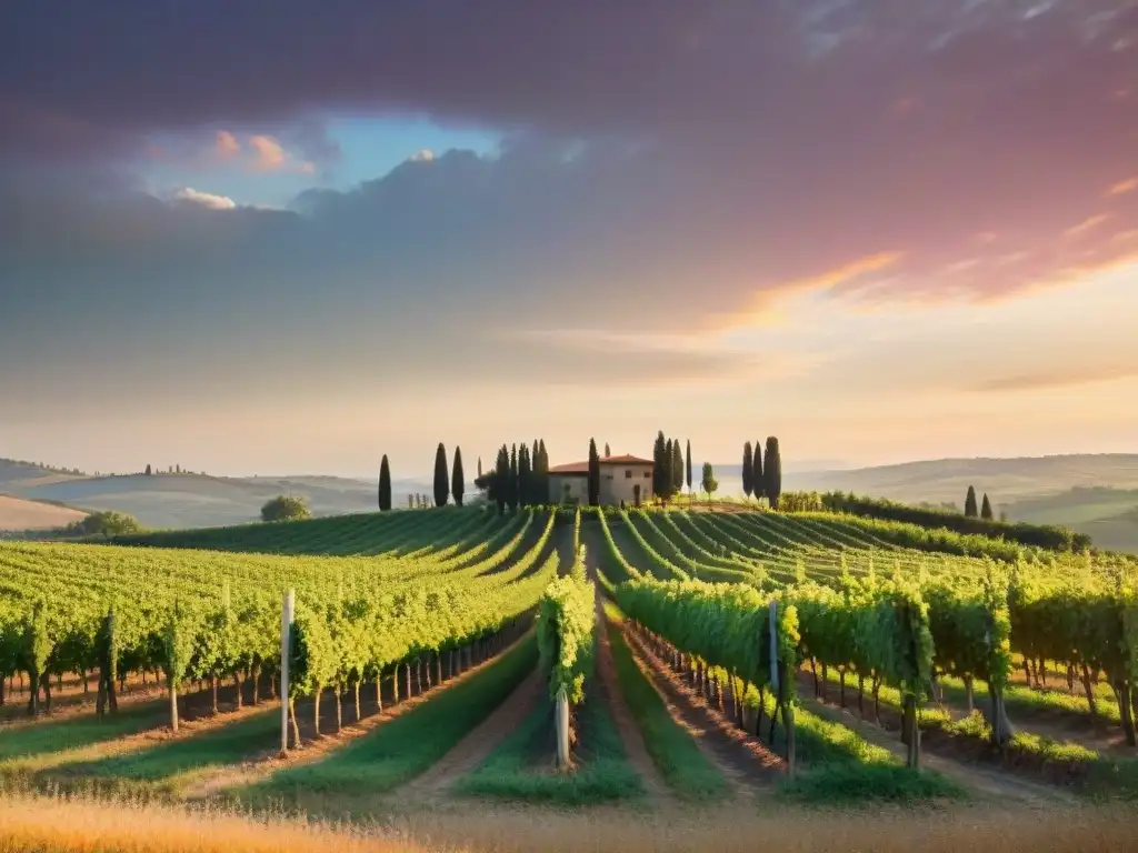 Paisaje toscano al amanecer con viñedos verdes y artistas preparando sus lienzos