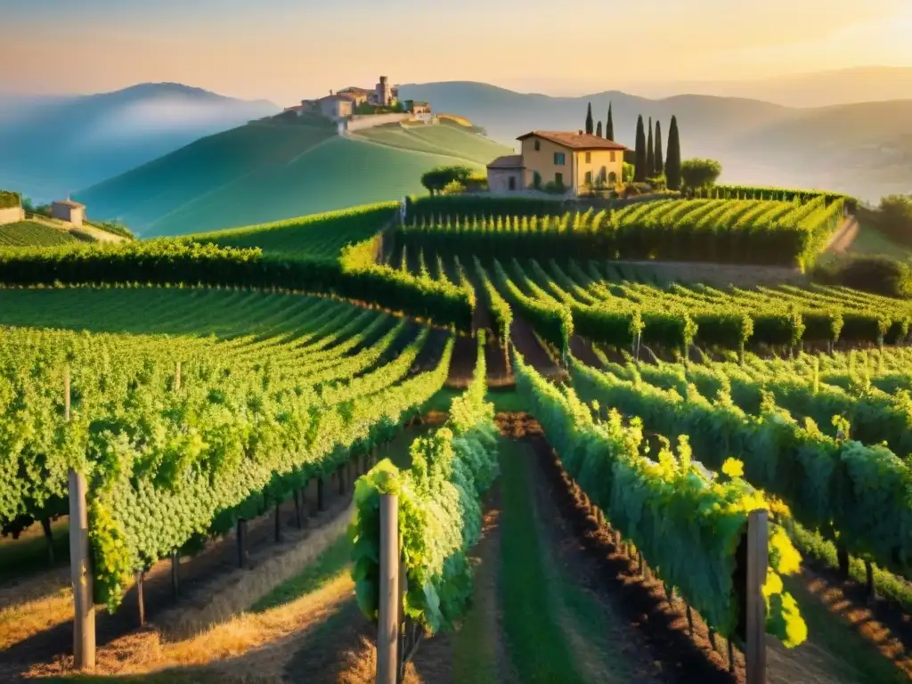 Paisaje de viñedo italiano al atardecer con viñedos, granja rústica y luz dorada del sol