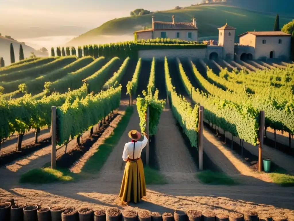 Paisaje de viñedo italiano al atardecer con viticultores tradicionales cosechando uvas, evocando la historia vinícola de Italia