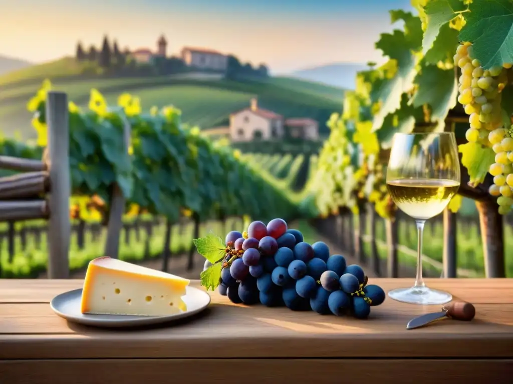 Paisaje de viñedo italiano al atardecer con mesa gourmet lista para disfrutar de estancias en viñedos gastronomía italiana