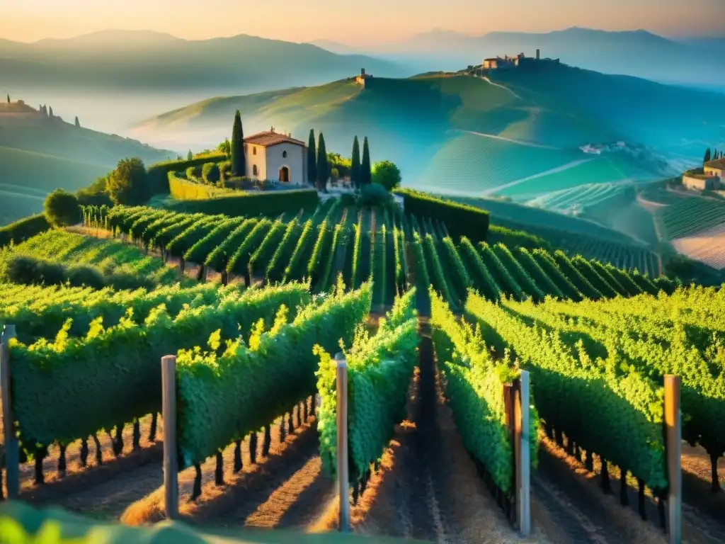 Paisaje de viñedo italiano al atardecer con viticultores seleccionando uvas