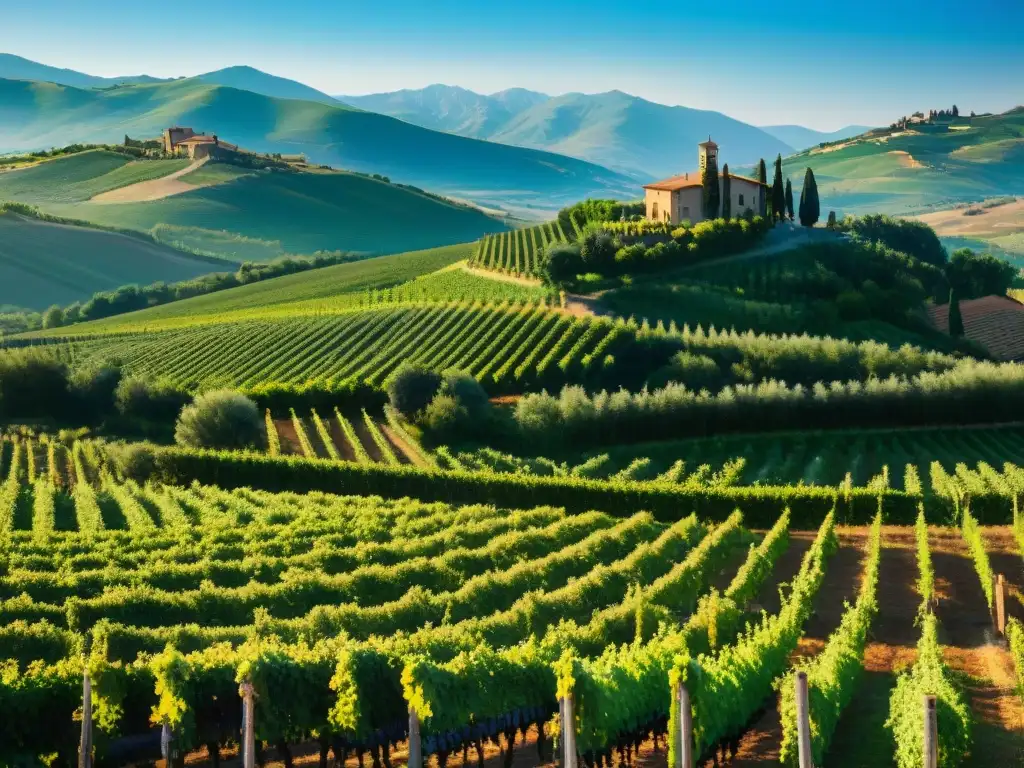 Paisaje de viñedo en la Toscana con trabajadores, sol iluminando los viñedos y granjas