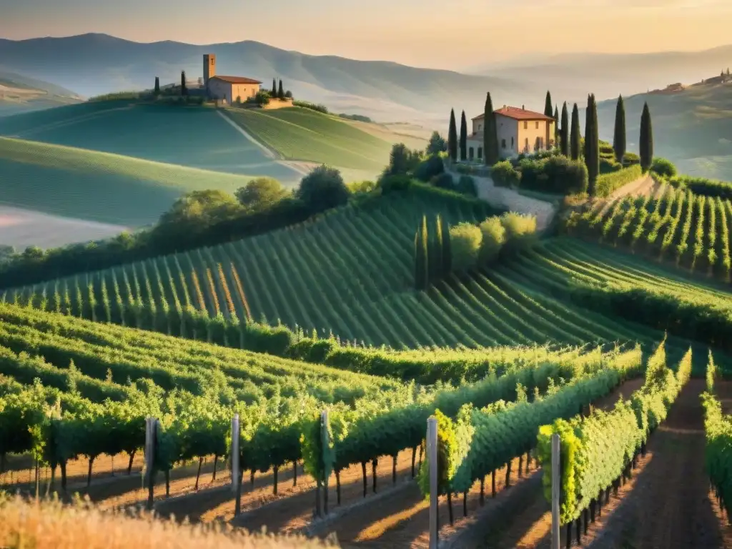 Paisaje de viñedos en la Toscana al atardecer, evocando tendencias vinos italianos certificación