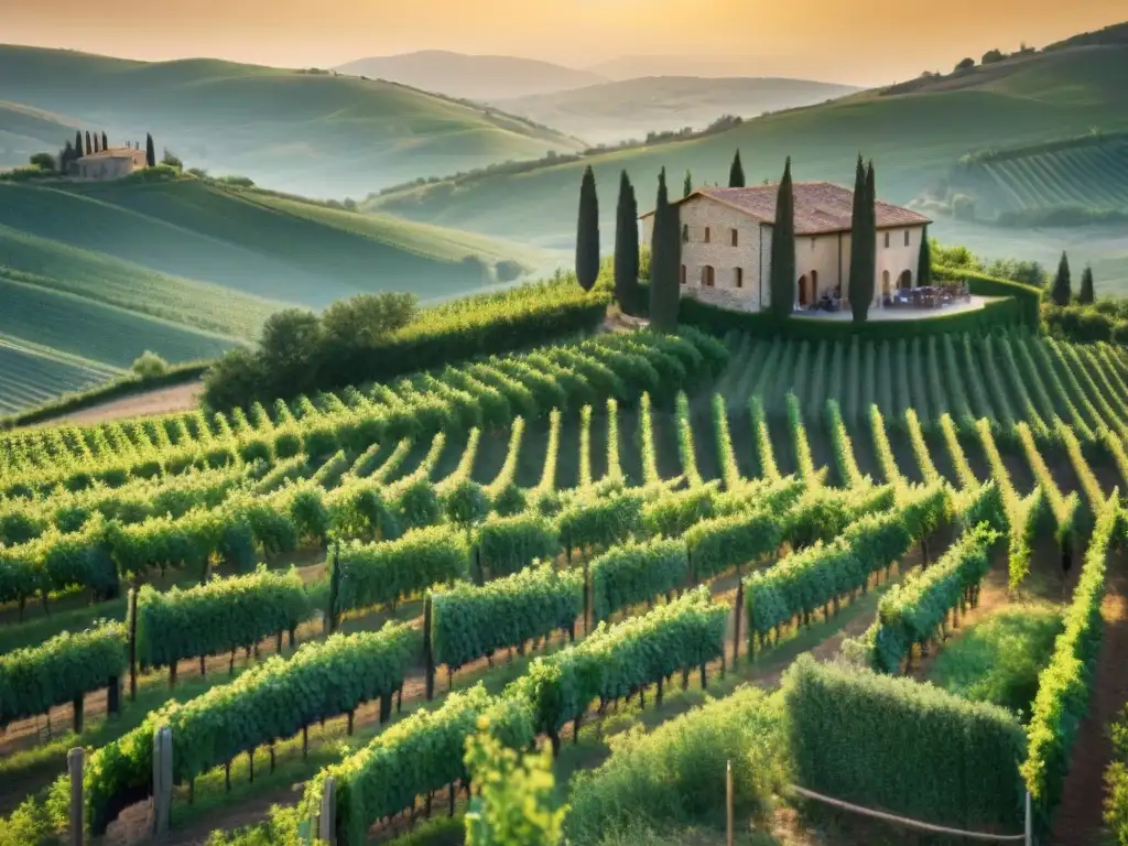 Un paisaje de viñedos en Toscana, Italia, bañado por la cálida luz dorada del sol