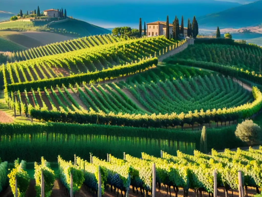 Un paisaje de viñedos toscanos bañados por el sol, uvas maduras y villas italianas