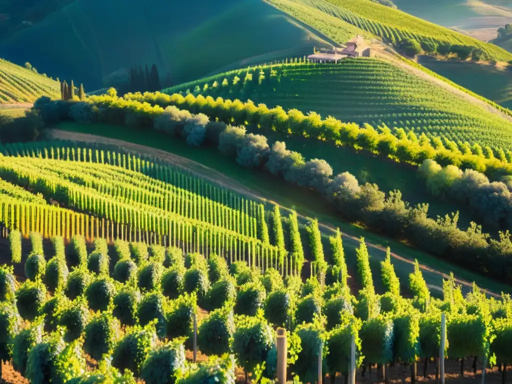 Un paisaje de viñedos de Vermentino entre colinas, bajo un cielo azul