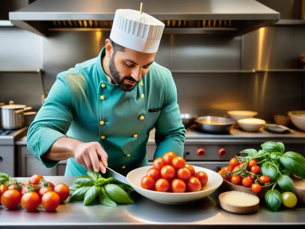 Davide Palluda preparando un plato tradicional piamontés en su bulliciosa cocina rodeado de ingredientes frescos