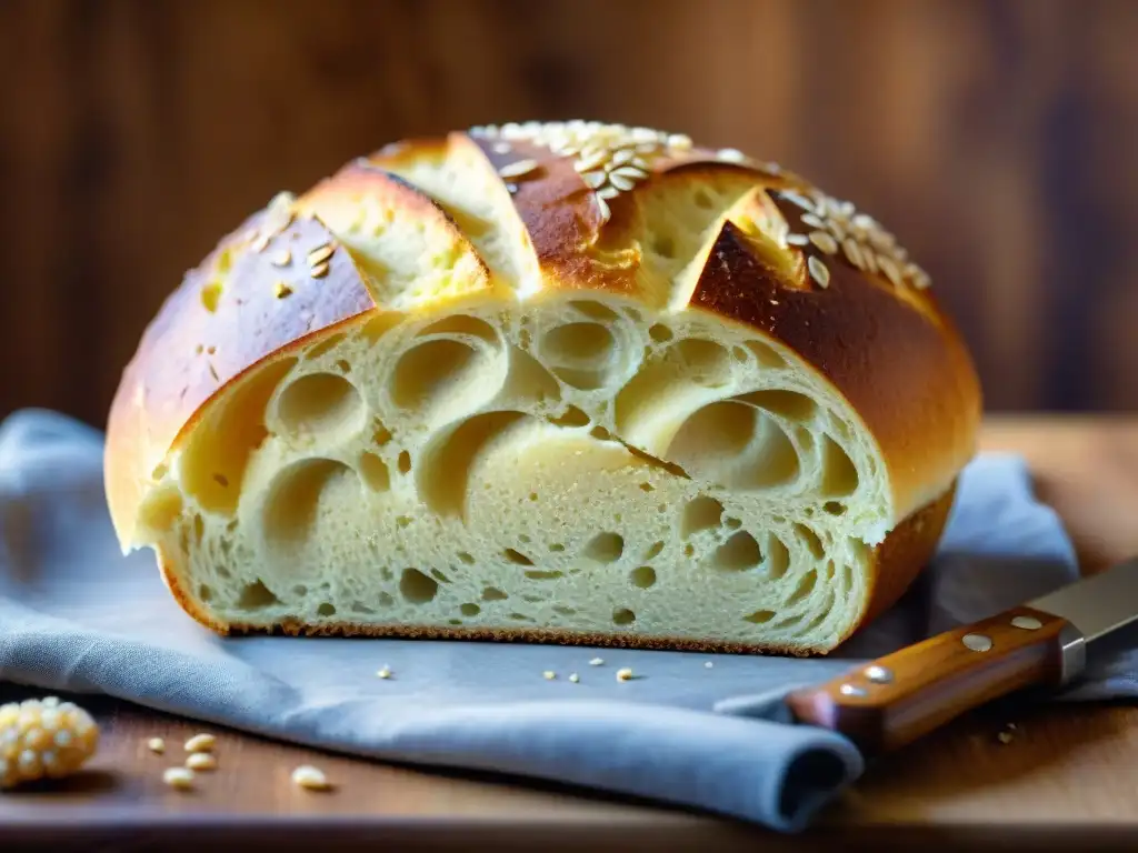 Pan de Altamura receta tradicional: Delicado Pan de Altamura recién horneado con semillas de sésamo, vapor y aroma tentador