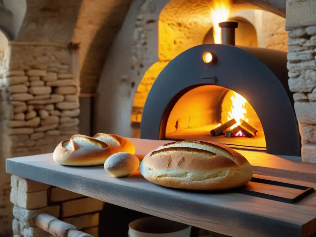 Pan dorado saliendo del horno de piedra en Matera, Italia, evocando la historia y sabor del Pane di Matera