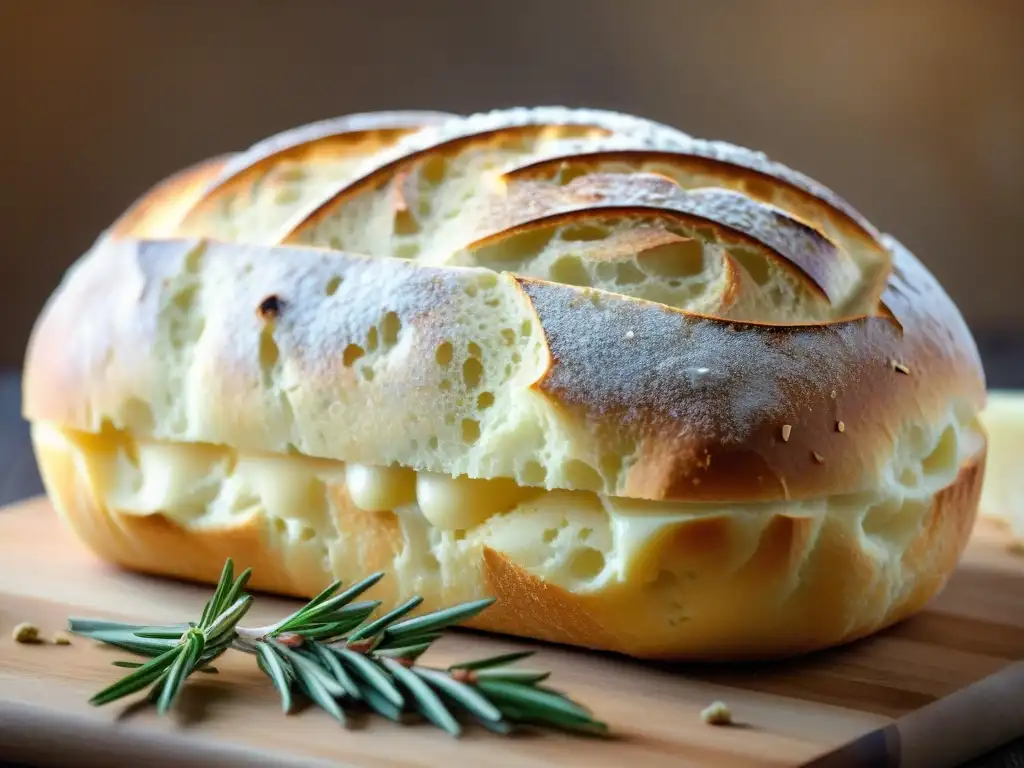 Un pan italiano para platos gourmet: una hogaza recién horneada con corteza dorada y crujiente, sobre tabla de madera rústica con romero fresco