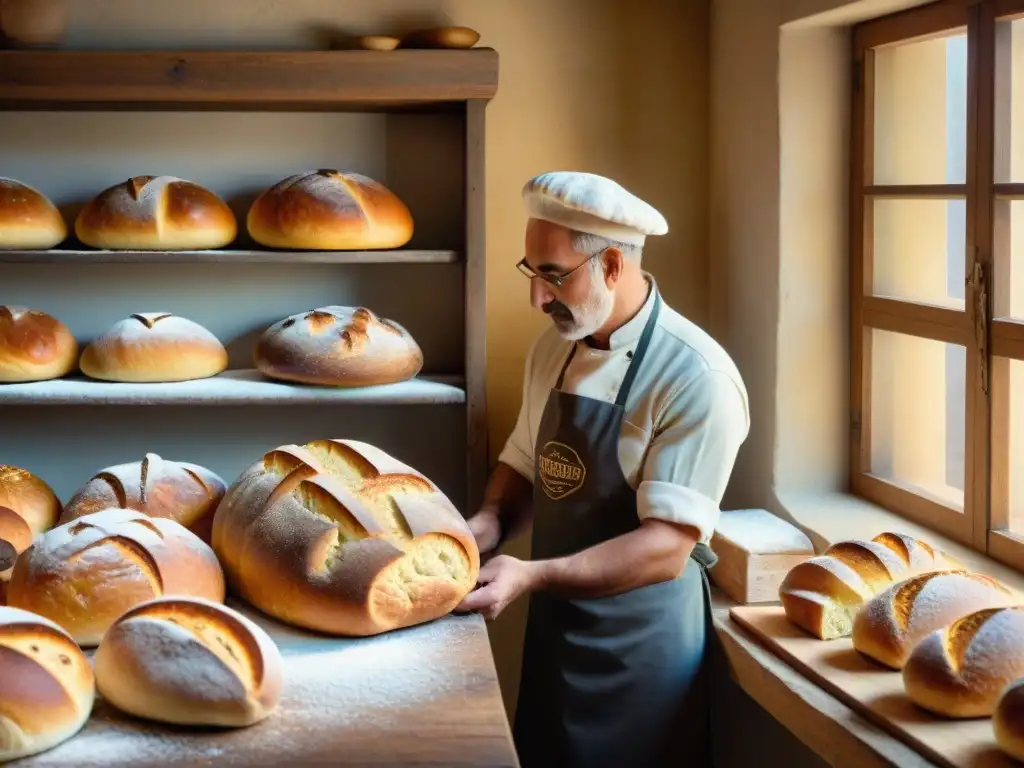 Una panadería italiana centenaria con pan recién horneado y un panadero trabajando, en una atmósfera de historia y artesanía