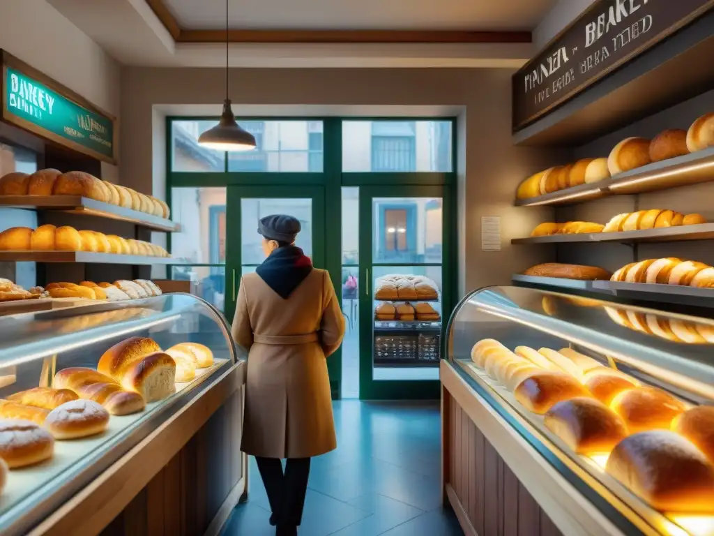 Una panadería italiana contemporánea con innovaciones en pan y pasteles, en un ambiente vibrante y tradicional