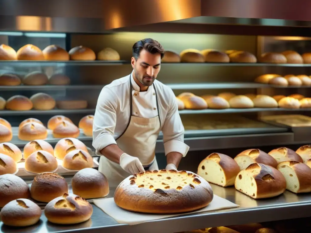 En una panadería italiana durante las fiestas, un panadero experto elabora Panettone con detalle y pasión