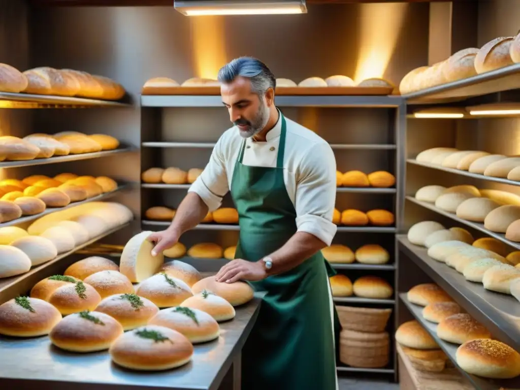 Una panadería italiana rústica con focaccias recién horneadas, manos habilidosas y el aroma de hierbas y aceite de oliva