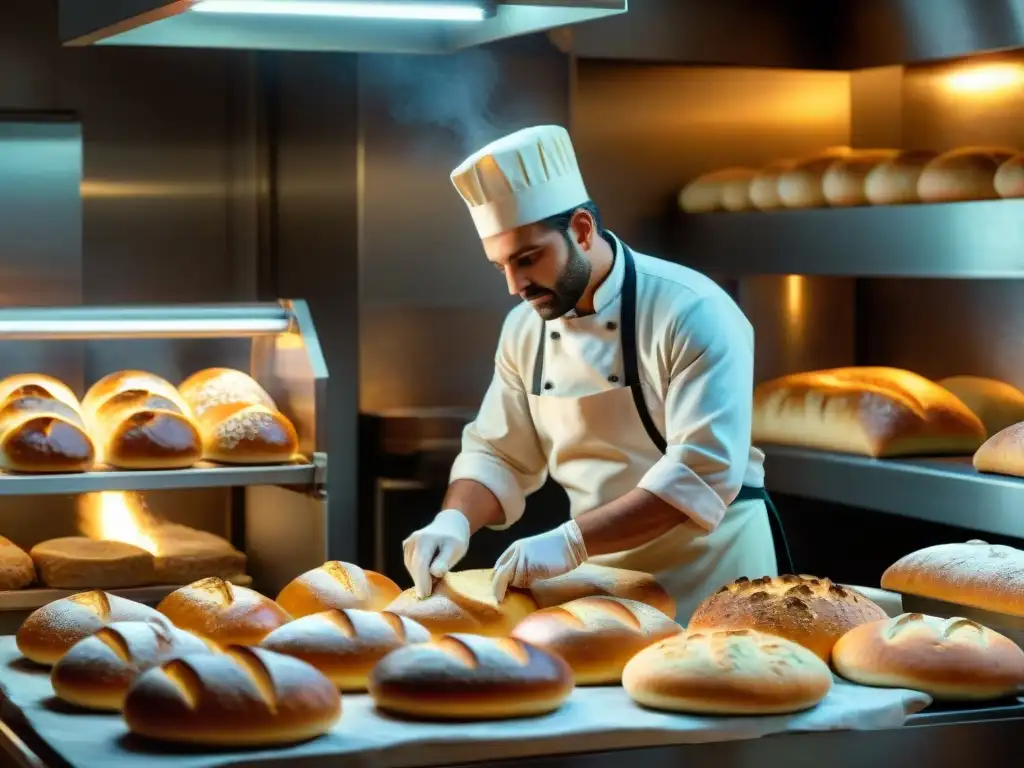 Panadería italiana tradicional, hornos iluminados, artesanos creando pan con técnicas antiguas