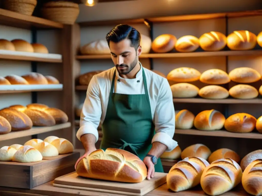 Panadería italiana tradicional con pan recién horneado en estantes de madera y panadero amasando