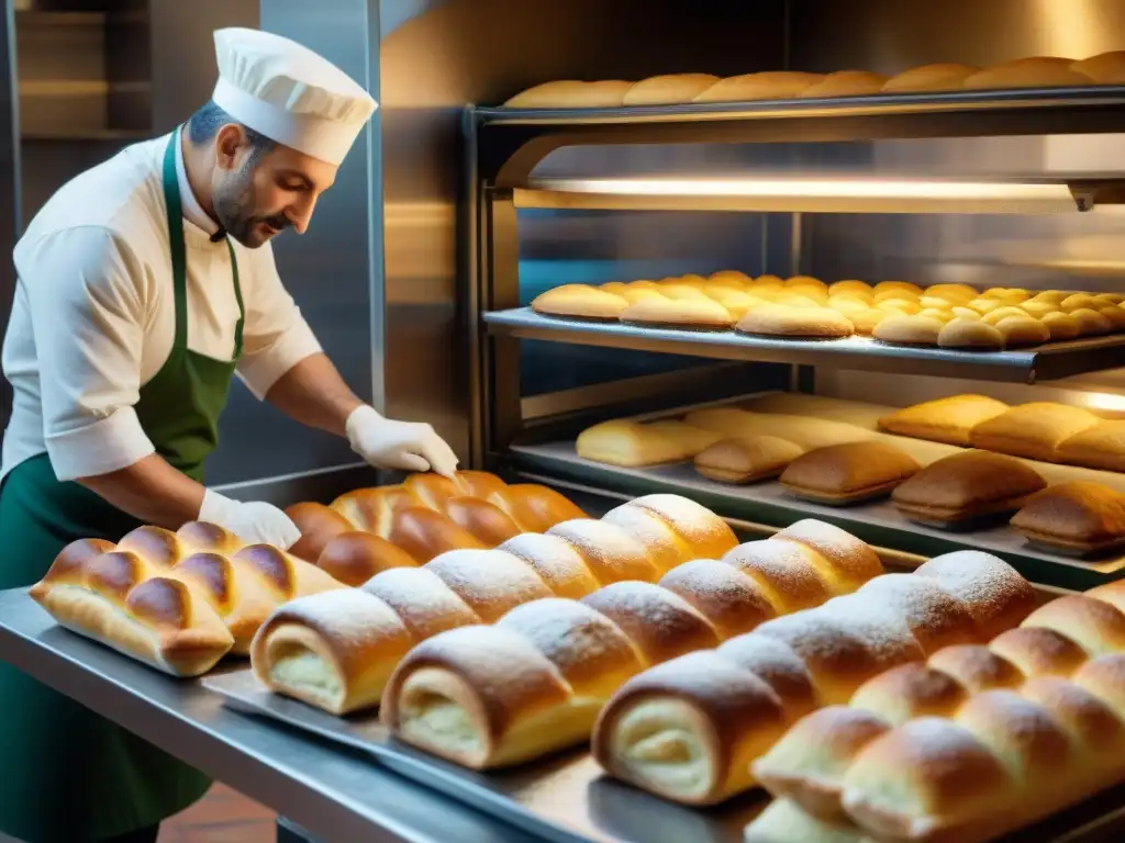 Una panadería italiana tradicional rebosante de actividad, con panaderos expertos creando delicias como cannoli, tiramisú y sfogliatelle